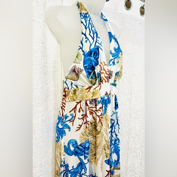 Boston Proper Maxi Halter Dress M Long Flowy Beach Ocean Reef Seashells Coral - Picture 6 of 11